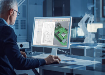 Engineer Works on Computer Uses CAD Software to Design 3D Industrial Machinery Component. In the Background Robot Arm Concept Standing in Heavy Industry Engineering Facility. Over the Shoulder Shot